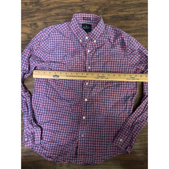 American Eagle Super Soft Button Down Flannel Shirt Mens Pink Blue Plaid Medium - Picture 4 of 5
